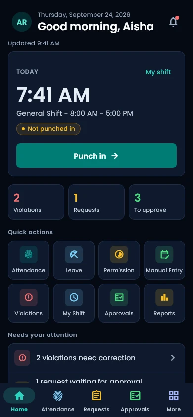 The Time Sense mobile app home screen with today’s punch status