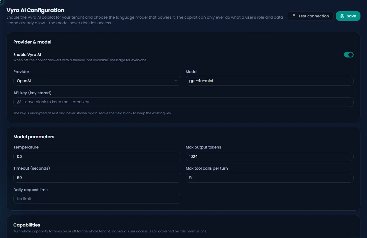The Vyra AI configuration screen in Time Sense, with the provider, the model and an encrypted API key.